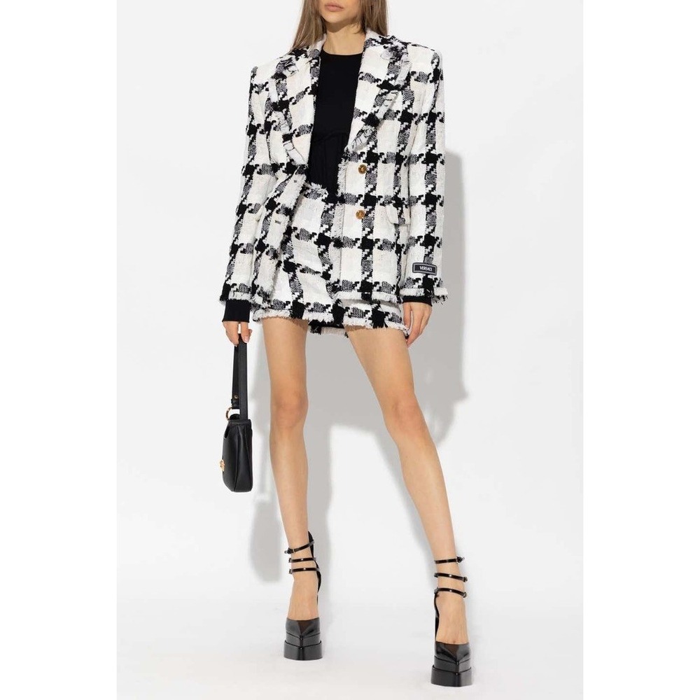 Versace Tweed Mini Skirt Women 36 0 Black White Houndstooth Plaid Fringe Luxury